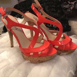 For a splash of coral! GUESS cork platforms